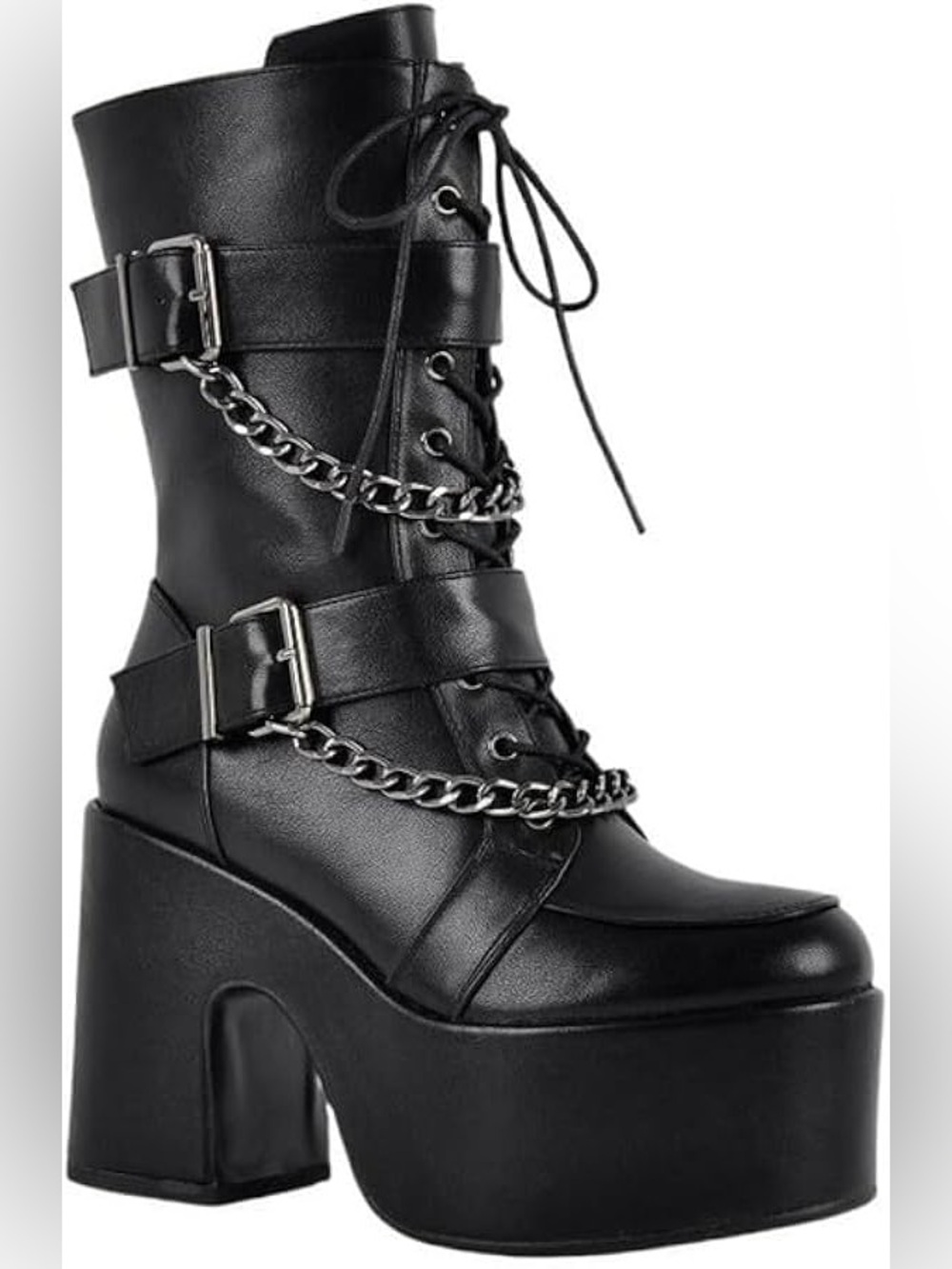 Platform Lace-Up Combat Boots with Chain Detail - Black